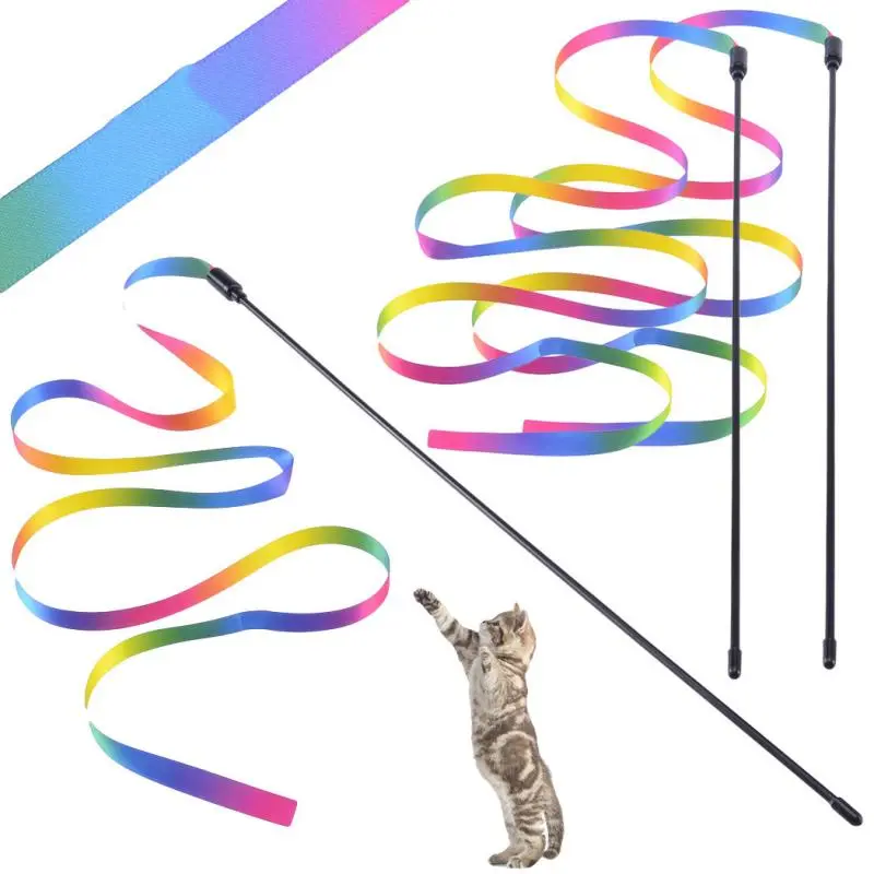 2PCS Pet Cat Toys Cute Funny Rainbow Strips Stick Cat Teaser Wand